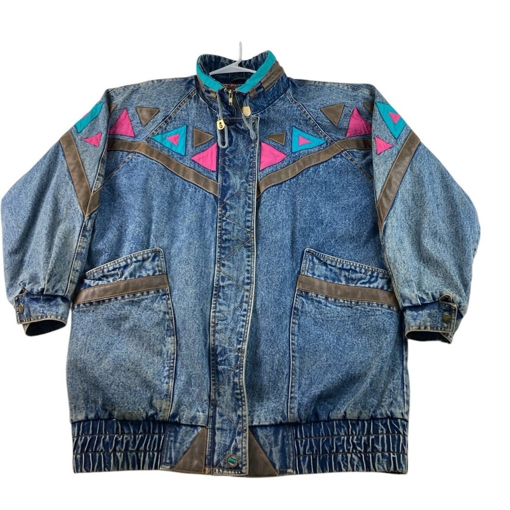 Vintage 80s 90's Weathered Blues Women Large Denim Jacket Colorful Leather Trim‎